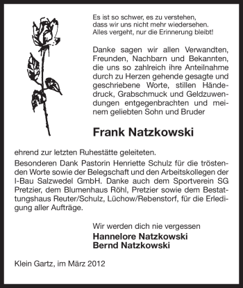 Traueranzeige von Frank Natzkowski von ALLGEMEINE ZEITUNG UELZEN