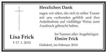 Traueranzeige von Lisa Frick von ALLGEMEINE ZEITUNG UELZEN