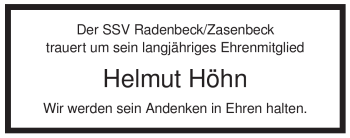 Traueranzeige von Helmut Höhn von ALLGEMEINE ZEITUNG UELZEN