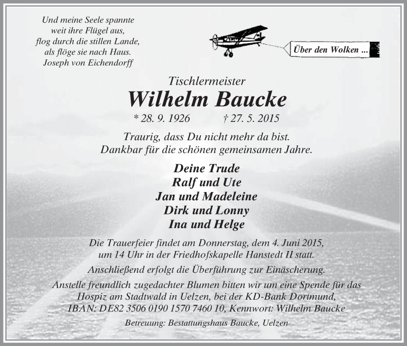  Traueranzeige für Wilhelm Baucke vom 30.05.2015 aus Uelzen