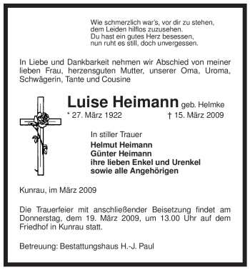 Traueranzeige von Luise Heimann von ALLGEMEINE ZEITUNG UELZEN