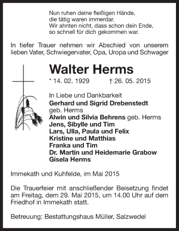 Traueranzeige von Walter Herms von Uelzen