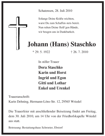 Traueranzeige von Johann Staschko von ALLGEMEINE ZEITUNG UELZEN