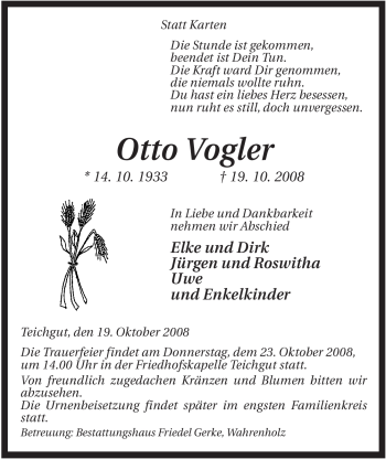 Traueranzeige von Otto Vogler von ALLGEMEINE ZEITUNG UELZEN