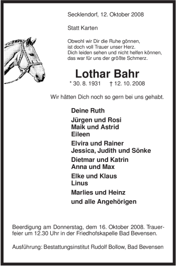 Traueranzeige von Lothar Bahr von ALLGEMEINE ZEITUNG UELZEN