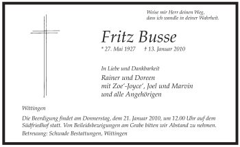 Traueranzeige von Fritz Busse von ALLGEMEINE ZEITUNG UELZEN