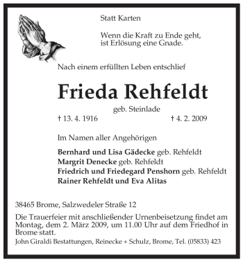 Traueranzeige von Frieda Rehfeldt von ALLGEMEINE ZEITUNG UELZEN