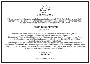 Traueranzeige von Ursula Mischkowski von ALLGEMEINE ZEITUNG UELZEN