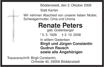 Traueranzeige von Renate Peters von ALLGEMEINE ZEITUNG UELZEN