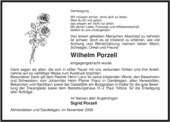 Traueranzeige von Wilhelm Porzell von ALLGEMEINE ZEITUNG UELZEN