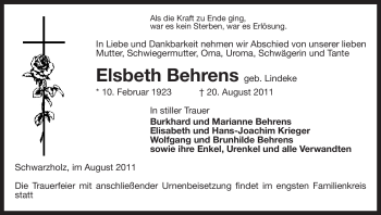 Traueranzeige von Elsbeth Behrens von ALLGEMEINE ZEITUNG UELZEN