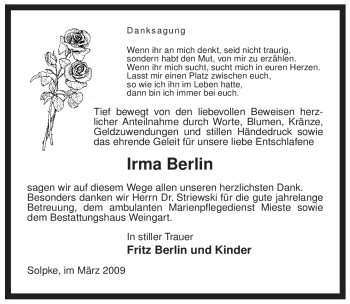 Traueranzeige von Irma Berlin von ALLGEMEINE ZEITUNG UELZEN