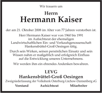 Traueranzeige von Hermann Kaiser von ALLGEMEINE ZEITUNG UELZEN