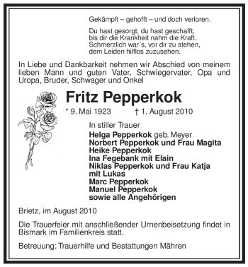 Traueranzeige von Fritz Pepperkok von ALLGEMEINE ZEITUNG UELZEN