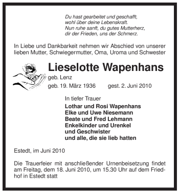 Traueranzeige von Lieselotte Wapenhans von ALLGEMEINE ZEITUNG UELZEN