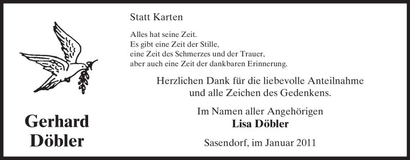  Traueranzeige für Gerhard Döbler vom 15.01.2011 aus ALLGEMEINE ZEITUNG UELZEN