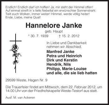 Traueranzeige von Hannelore Janke von ALLGEMEINE ZEITUNG UELZEN