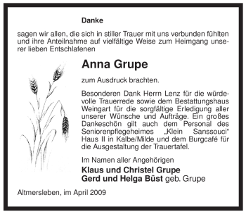 Traueranzeige von Anna Grupe von ALLGEMEINE ZEITUNG UELZEN