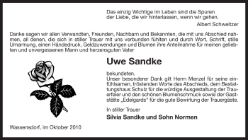 Traueranzeige von Uwe Sandke von ALLGEMEINE ZEITUNG UELZEN