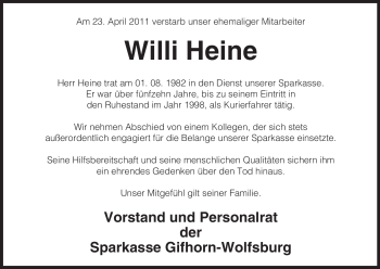 Traueranzeige von Willi Heine von ALLGEMEINE ZEITUNG UELZEN