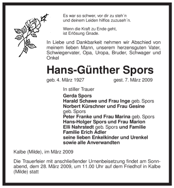 Traueranzeige von Hans-Günther Spors von ALLGEMEINE ZEITUNG UELZEN