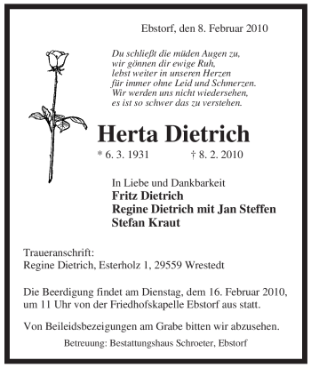 Traueranzeige von Herta Dietrich von ALLGEMEINE ZEITUNG UELZEN