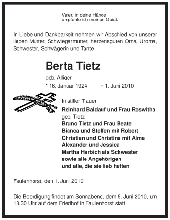 Traueranzeige von Berta Tietz von ALLGEMEINE ZEITUNG UELZEN