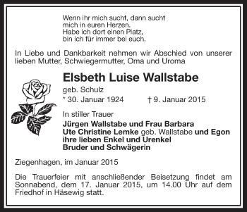 Traueranzeige von Elsbeth Luise Wallstabe von Uelzen