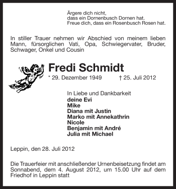 Traueranzeige von Fredi Schmidt von ALLGEMEINE ZEITUNG UELZEN