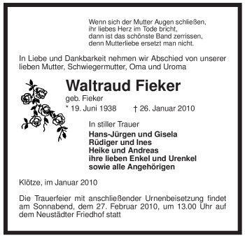 Traueranzeige von Waltraud Fieker von ALLGEMEINE ZEITUNG UELZEN