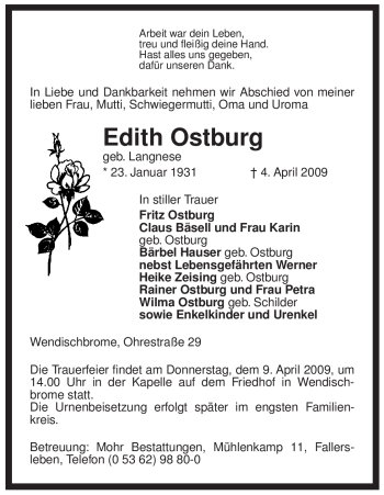 Traueranzeige von Edith Ostburg von ALLGEMEINE ZEITUNG UELZEN