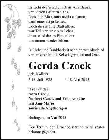 Traueranzeige von Gerda Czock von Uelzen