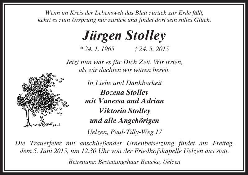  Traueranzeige für Jürgen Stolley vom 30.05.2015 aus Uelzen