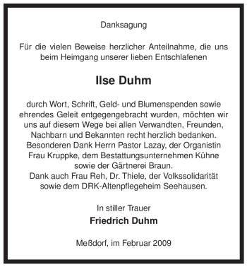 Traueranzeige von Ilse Duhm von ALLGEMEINE ZEITUNG UELZEN