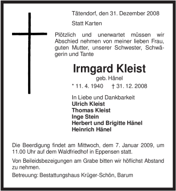 Traueranzeige von Irmgard Kleist von ALLGEMEINE ZEITUNG UELZEN