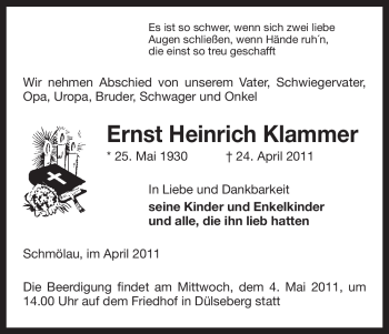 Traueranzeige von Ernst Heinrich Klammer von ALLGEMEINE ZEITUNG UELZEN