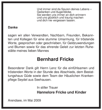 Traueranzeige von Bernhard Fricke von ALLGEMEINE ZEITUNG UELZEN