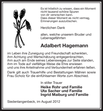 Traueranzeige von Adalbert Hagemann von ALLGEMEINE ZEITUNG UELZEN