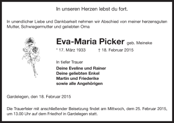 Traueranzeige von Eva-Maria Picker von Uelzen