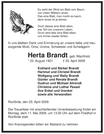 Traueranzeige von Herta Brandt von ALLGEMEINE ZEITUNG UELZEN