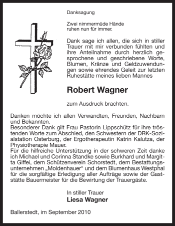 Traueranzeige von Robert Wagner von ALLGEMEINE ZEITUNG UELZEN