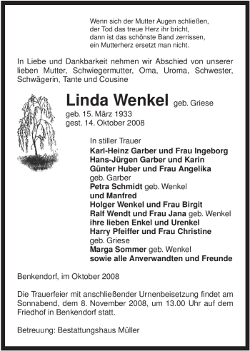 Traueranzeige von Linda Wenkel von ALLGEMEINE ZEITUNG UELZEN