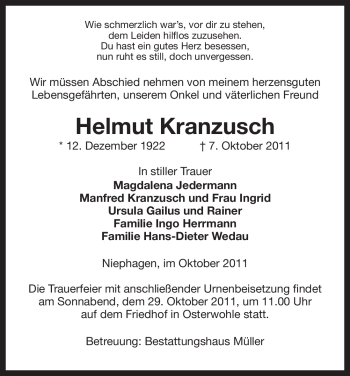 Traueranzeige von Helmut Kranzusch von ALLGEMEINE ZEITUNG UELZEN