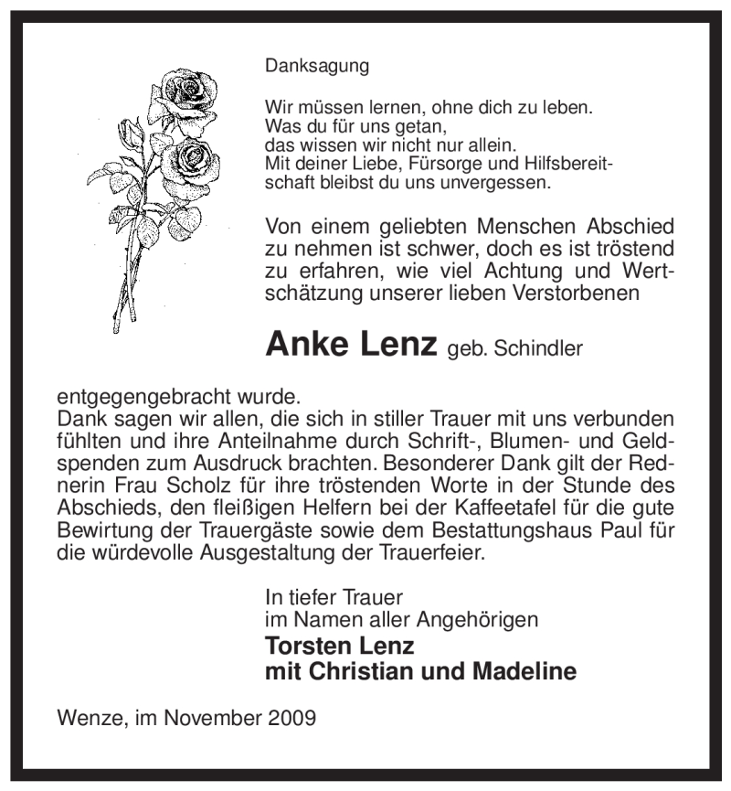  Traueranzeige für Anke Lenz vom 27.11.2009 aus ALLGEMEINE ZEITUNG UELZEN