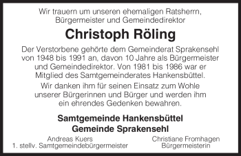 Traueranzeige von Christoph Röling von ALLGEMEINE ZEITUNG UELZEN