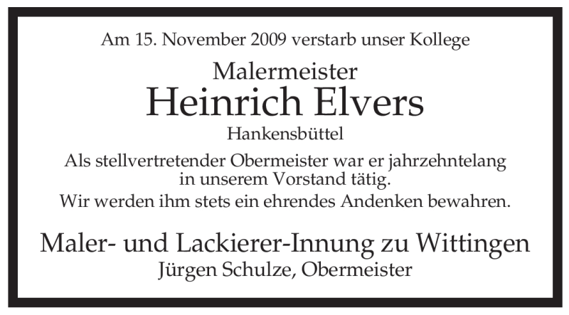  Traueranzeige für Heinrich Elvers vom 18.11.2009 aus ALLGEMEINE ZEITUNG UELZEN