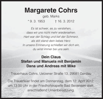 Traueranzeige von Margarete Cohrs von ALLGEMEINE ZEITUNG UELZEN