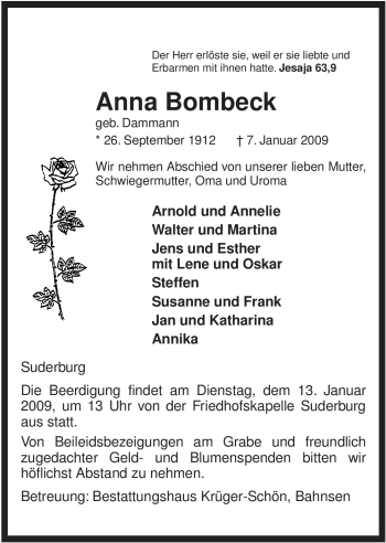 Traueranzeige von Anna Bombeck von ALLGEMEINE ZEITUNG UELZEN