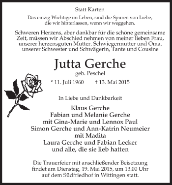 Traueranzeige von Jutta Gerche von Uelzen
