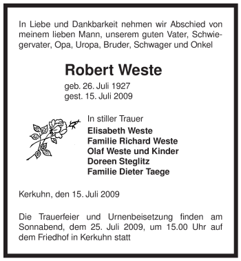 Traueranzeige von Robert Weste von ALLGEMEINE ZEITUNG UELZEN